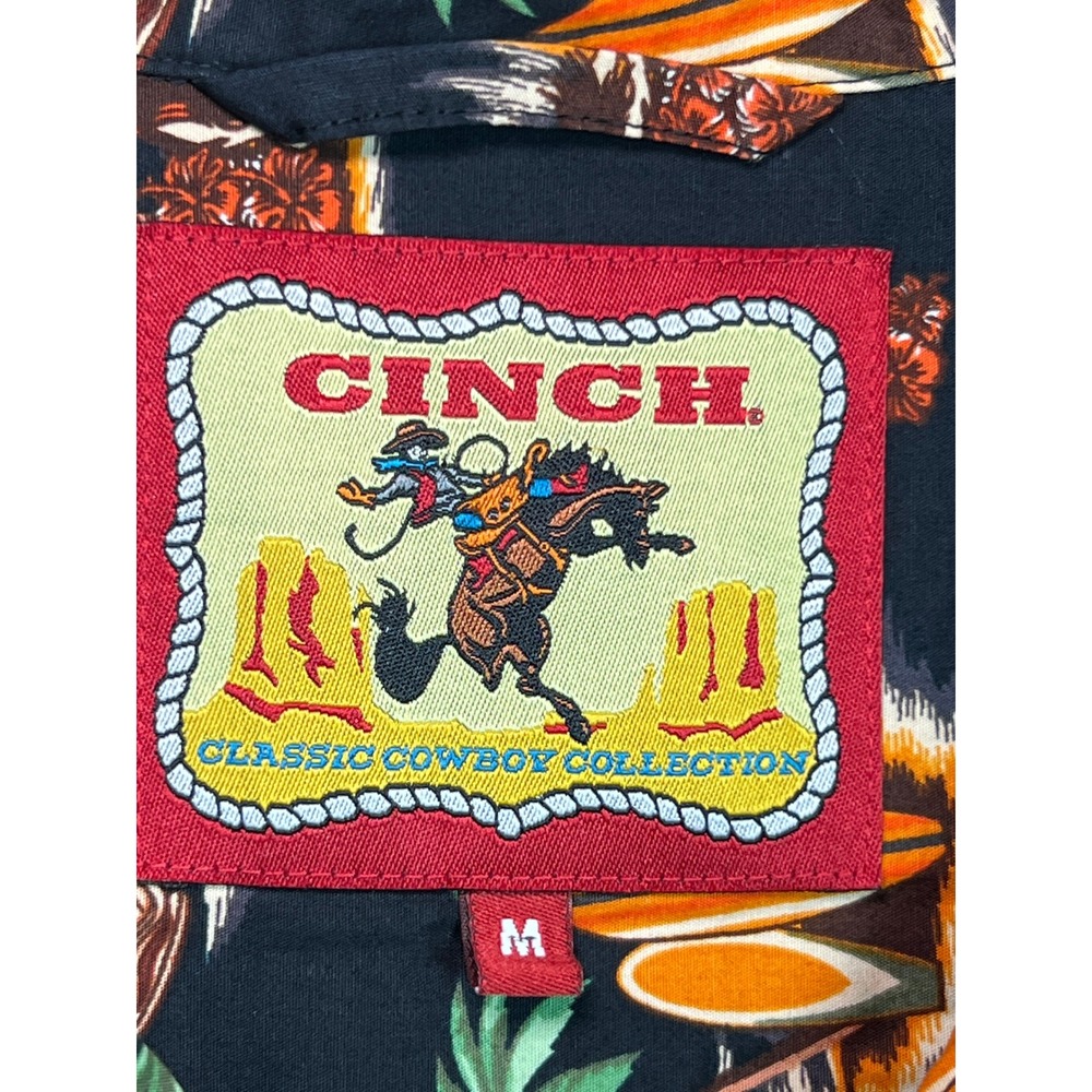 Cinch Hawaiian Shirt Mens M Black Tiki Surf Island Print Camp Button Down Cowboy